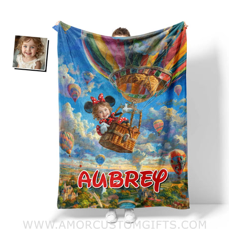 Personalized Face & Name Cartoon Mouse Hot Air Balloon Ride Girl Blanket Blankets
