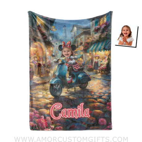 Personalized Face & Name Cartoon Mouse Scooter Tour Girl Blanket Blankets