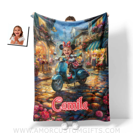 Personalized Face & Name Cartoon Mouse Scooter Tour Girl Blanket Blankets