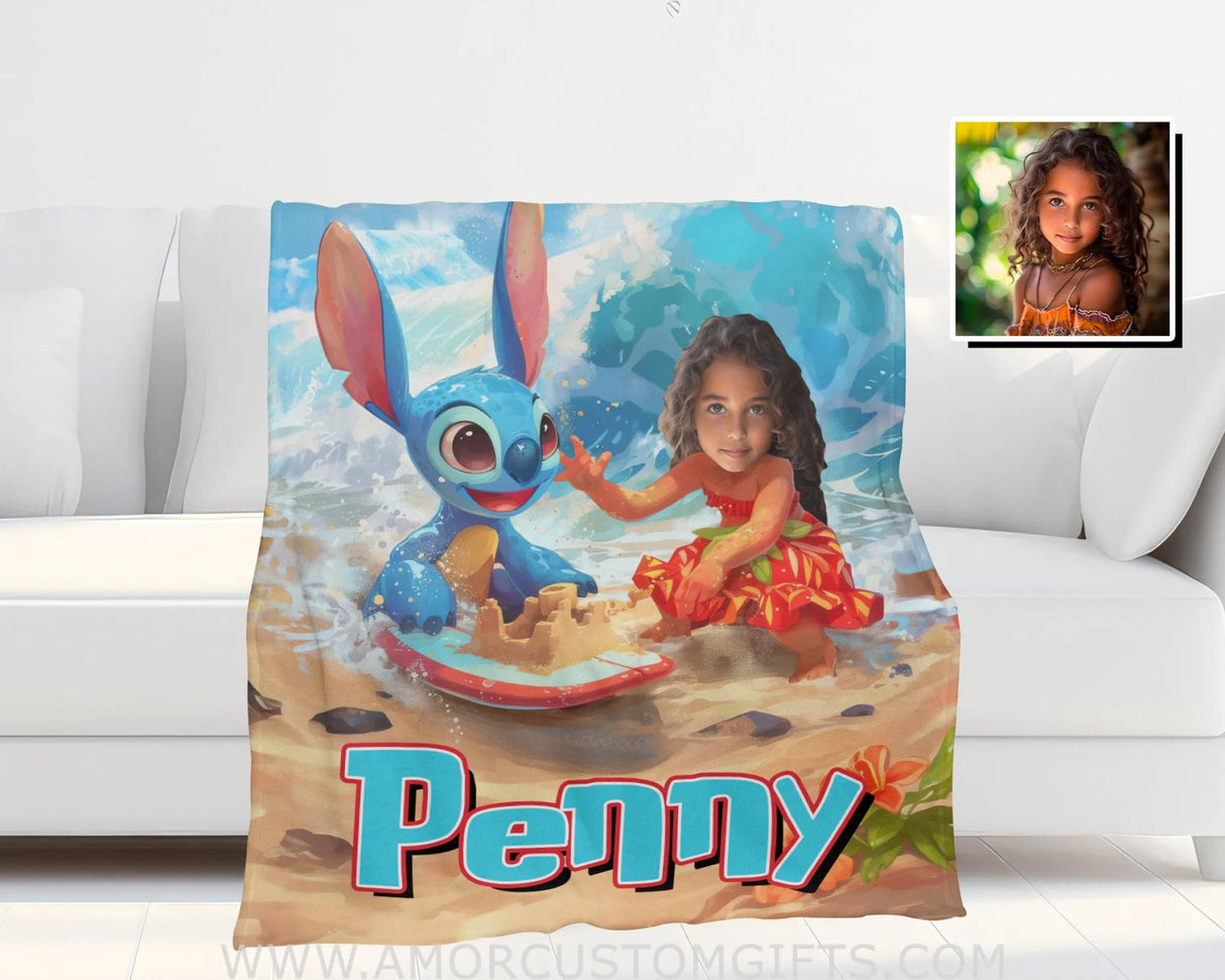Personalized Face & Name Lilo And Stitch Build Sandcastle Girl Blanket Blankets