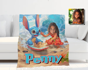 Personalized Face & Name Lilo And Stitch Build Sandcastle Girl Blanket Blankets
