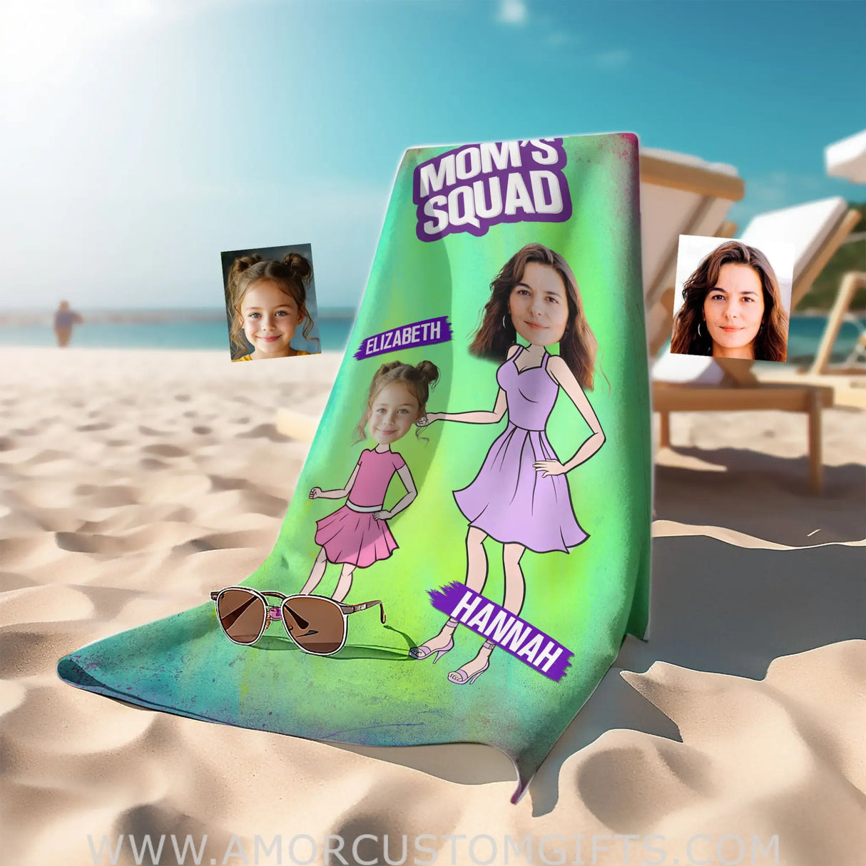 Personalized Face & Name Mother’s Day Mom’s Squad Girl Mom Beach Towel Towels