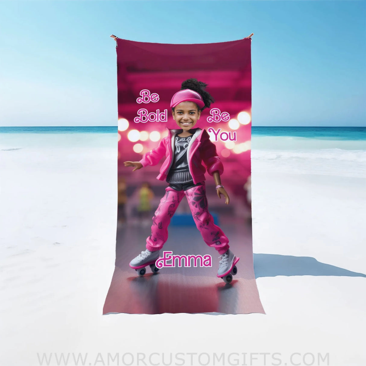 Towels Personalized Face & Name Summer African Fashion Doll Skating 2 Girl Beach Towel