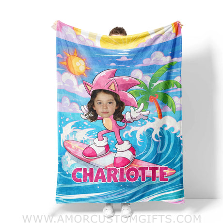 Personalized Face & Name Summer Amy Rose Surfing Girl Blanket Blankets