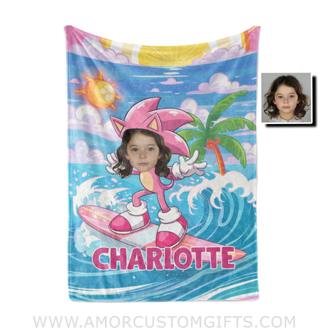 Personalized Face & Name Summer Amy Rose Surfing Girl Blanket Blankets
