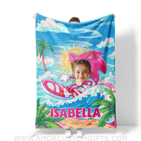 Personalized Face & Name Summer Amy Rose Surfing On Beach Girl Blanket Blankets