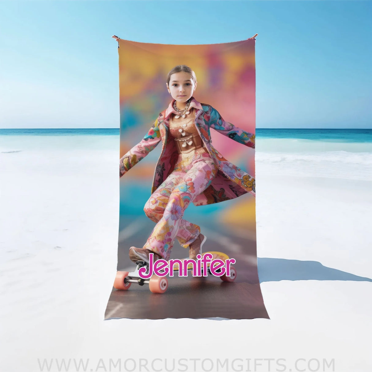 Towels Personalized Face & Name Summer Fashion Doll Skating In Road Girl Beach Towel