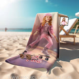 Towels Personalized Face & Name Summer Fashion Doll Skating In Road Pink City Girl Beach Towel