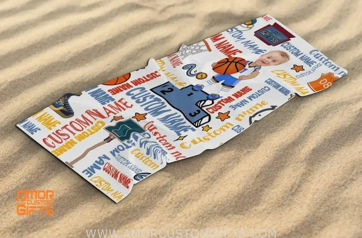 Towels Personalized Face & Name Summer Basketball Boy Beach Towel
