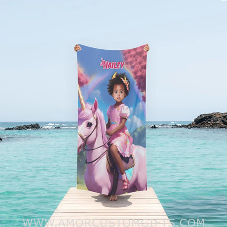 Towels Personalized Face & Name Summer Black Unicorn Girl 4 Colorful Sunset Beach Towel
