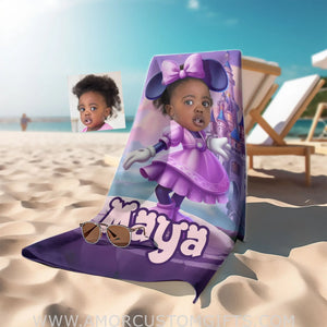 Towels Personalized Face & Name Summer Cartoon Mouse Mini Castle Purple Dress Blanket Beach Towel