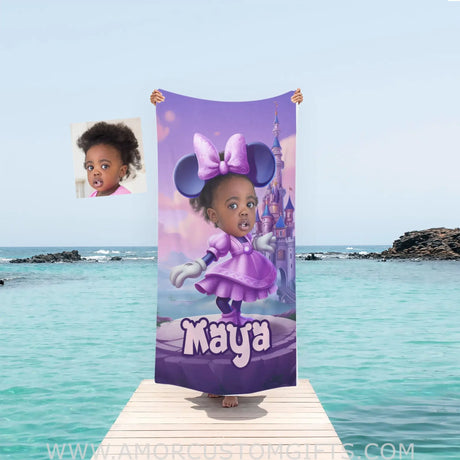 Towels Personalized Face & Name Summer Cartoon Mouse Mini Castle Purple Dress Blanket Beach Towel