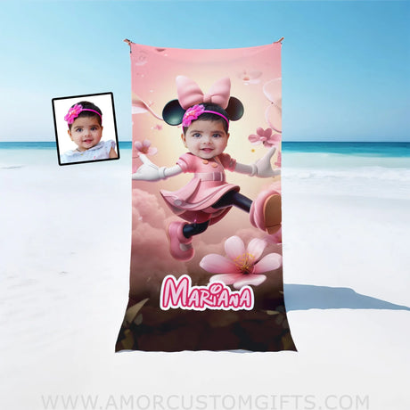 Towels Personalized Face & Name Summer Cartoon Mouse Mini Pretty In Pink Beach Towel