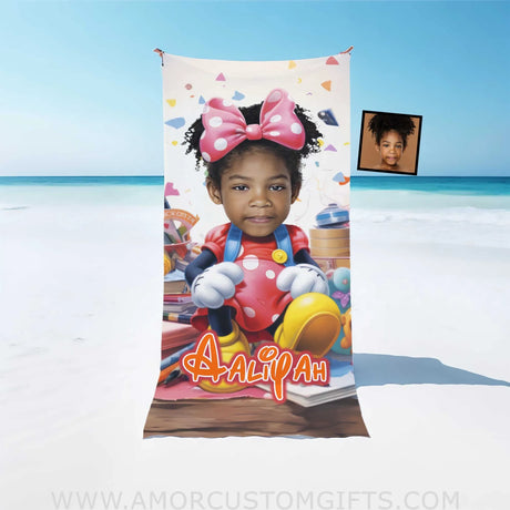 Towels Personalized Face & Name Summer Cartoon Mouse Mini Schoolgirl Crayon Pencil Girl Beach Towel