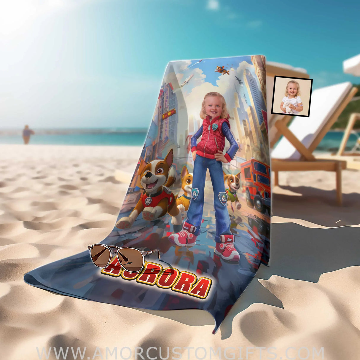 Towels Personalized Face & Name Summer Dog Patrol Girl Police Car Beach Towel