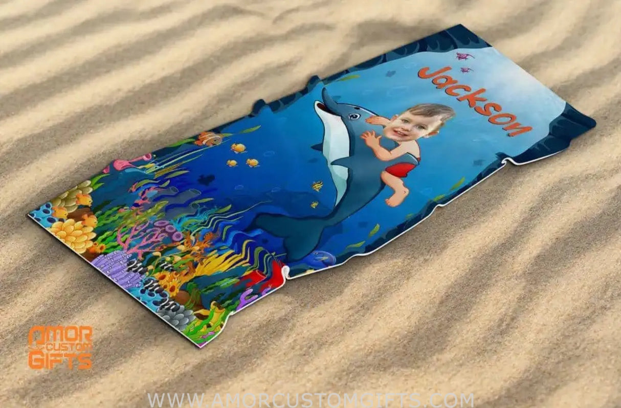 Towels Personalized Face & Name Summer Dolphin Swimming Boy Beach Towel
