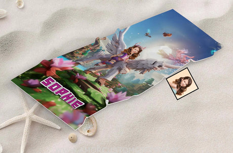 Towels Personalized Face & Name Summer Minecraft Girl Riding On Minecraft Wings Unicorn Beach Towel