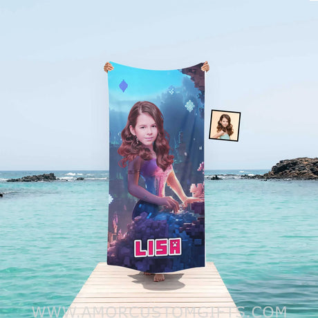 Towels Personalized Face & Name Summer Minecraft Mermaid Girl Beach Towel