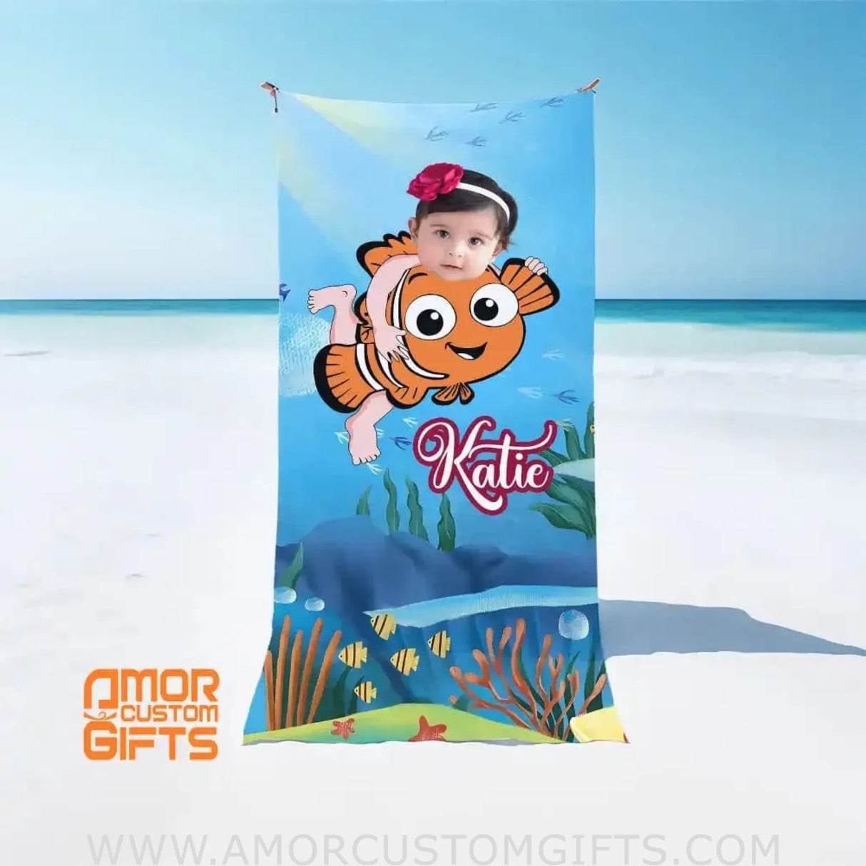 Towels Personalized Face & Name Summer Nemo Swimming Girl Beach Towel