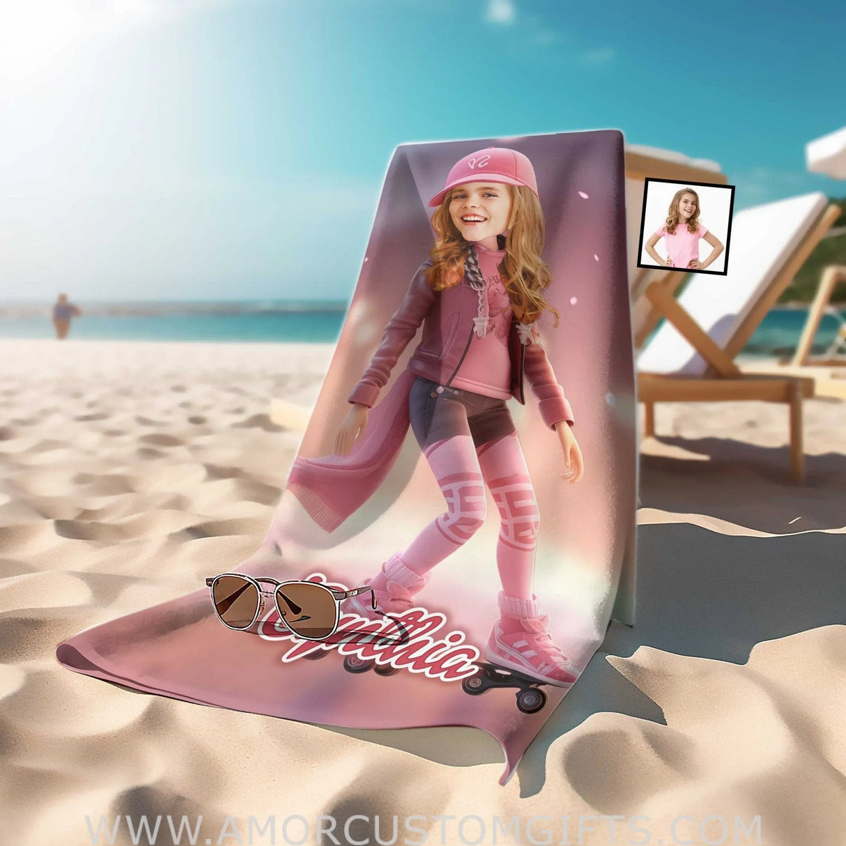 Towels Personalized Face & Name Summer Pink Fashion Doll Skating Girl Beach Towel
