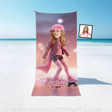 Towels Personalized Face & Name Summer Pink Fashion Doll Skating Girl Beach Towel
