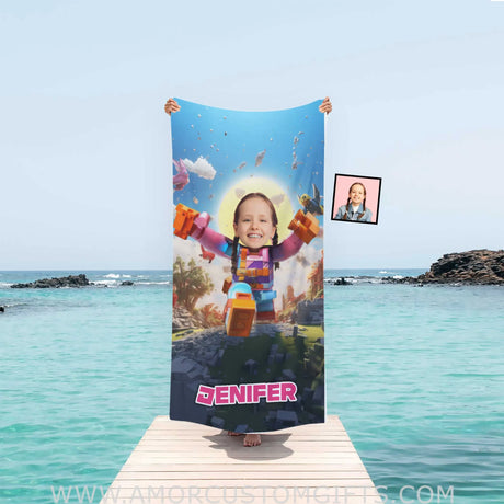 Towels Personalized Face & Name Summer Rolox Pink Girl Beach Towel
