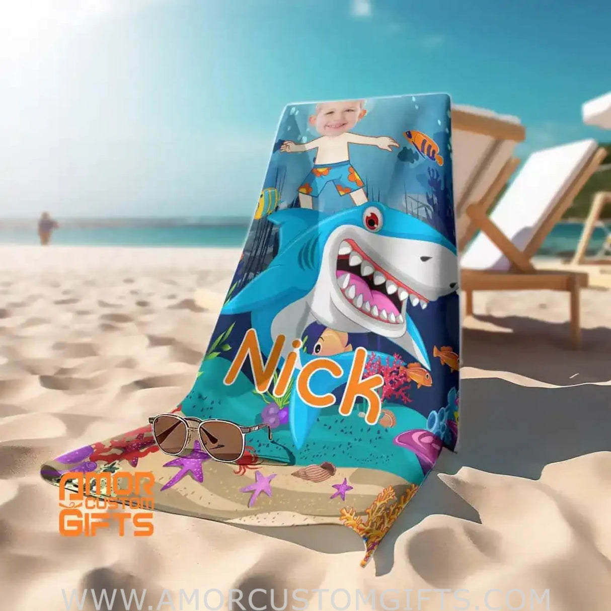 Towels Personalized Face & Name Summer Shark Swimming Boy Beach Towel