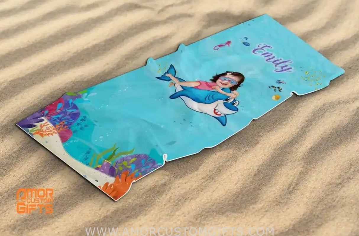 Towels Personalized Face & Name Summer Shark Swimming Girl Beach Towel