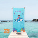 Towels Personalized Face & Name Summer Shark Swimming Girl Beach Towel