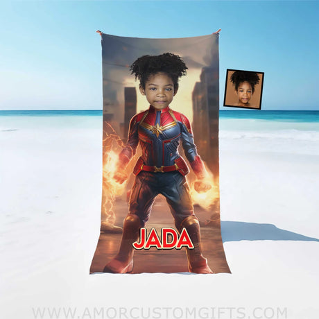 Towels Personalized Face & Name Summer Superhero Girl Captain Photo Beach Towel