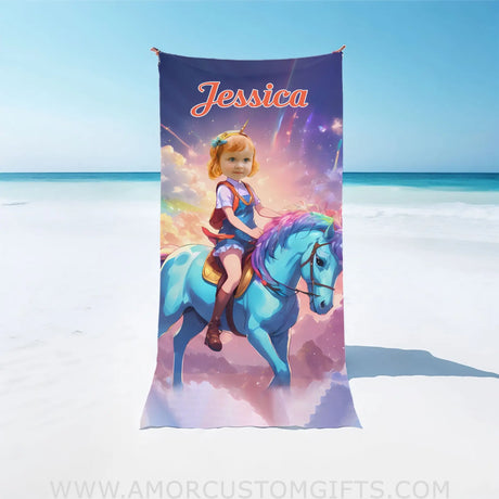 Towels Personalized Face & Name Summer Unicorn Girl 3 Colorful Sunset Beach Towel