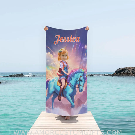 Towels Personalized Face & Name Summer Unicorn Girl 3 Colorful Sunset Beach Towel