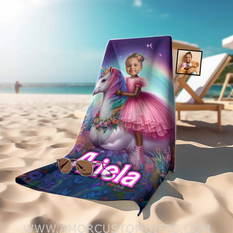 Towels Personalized Face & Name Summer Unicorn Girl Brown Barbie Princess In Pink Beach Towel