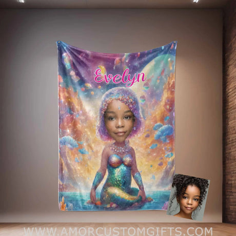 Blankets Personalized Fairy Tale Baby Black Mermaid 1 Princess Photo Blanket | Custom Name & Face Girl Princess Blanket