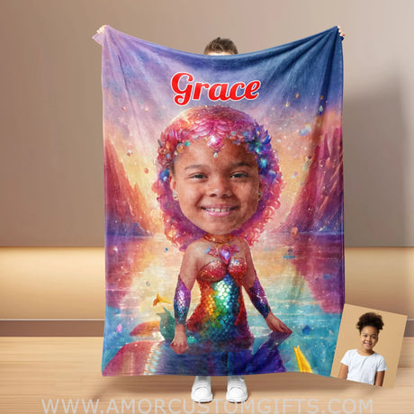 Blankets Personalized Fairy Tale Baby Mermaid 6 Black Ariel Princess Photo Blanket | Custom Name & Face Girl Princess Blanket