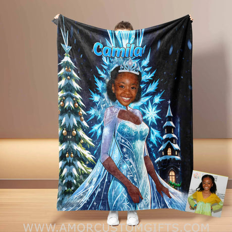 Blankets Personalized Fairy Tale Elsa Princess 15 Black African American Blanket | Custom Name & Face Girl Princess Blanket