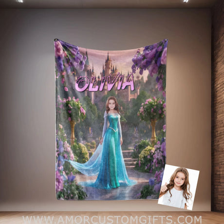 Blankets Personalized Fairy Tale Elsa Princess In Violet Garden Blanket | Custom Name & Face Girl Princess Blanket