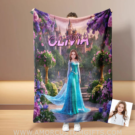 Blankets Personalized Fairy Tale Elsa Princess In Violet Garden Blanket | Custom Name & Face Girl Princess Blanket