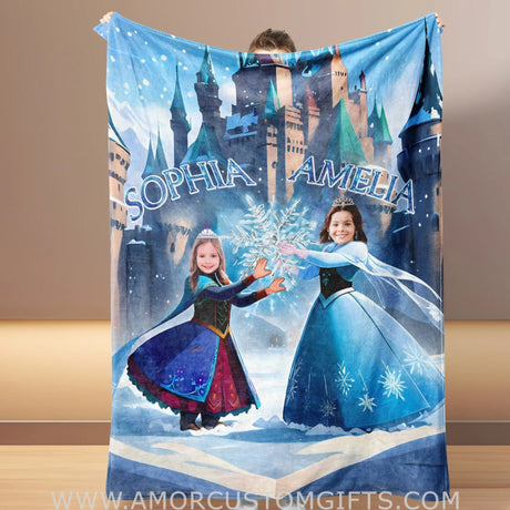 Blankets Personalized Fairy Tale Frozen Sisters Elsa Princess 2 Blanket | Custom Name & Face Girl Princess Blanket