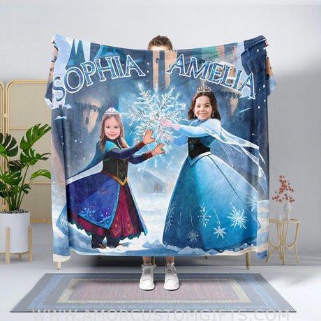 Blankets Personalized Fairy Tale Frozen Sisters Elsa Princess 2 Blanket | Custom Name & Face Girl Princess Blanket