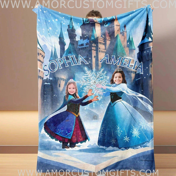 open lace back dress Personalized Fairy Tale Frozen Sisters Elsa Princess 2 Blanket | Custom  Name & Face Girl Princess Blanket