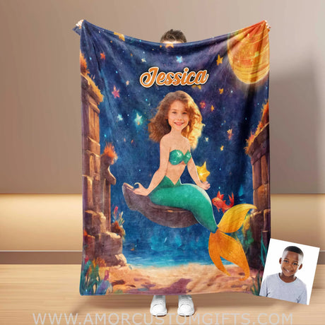 Blankets Personalized Fairy Tale Mermaid 4 Princess Photo Blanket | Custom Name & Face Girl Princess Blanket