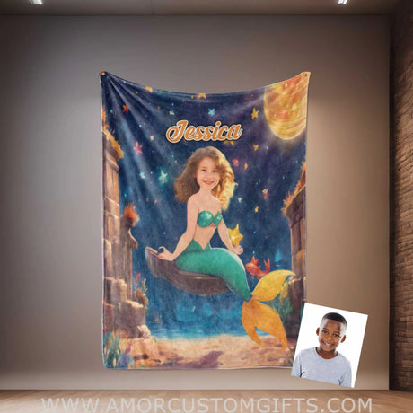 Blankets Personalized Fairy Tale Mermaid 4 Princess Photo Blanket | Custom Name & Face Girl Princess Blanket