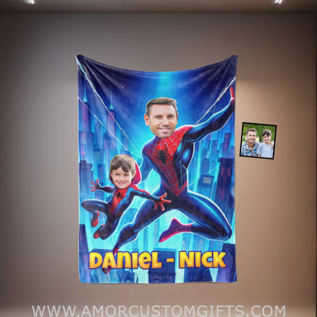Blankets Personalized Father Day's Spider Man Dad And Son Blanket | Custom Face & Name Father Son Blanket
