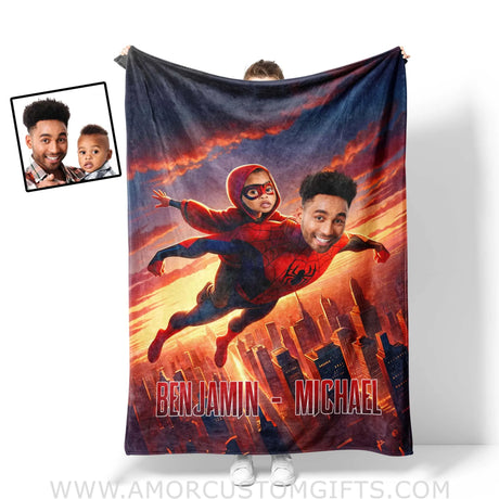 Blankets Personalized Father Day's Spider Man Dad And Son Flying Together Blanket | Custom Face & Name Father Son Blanket