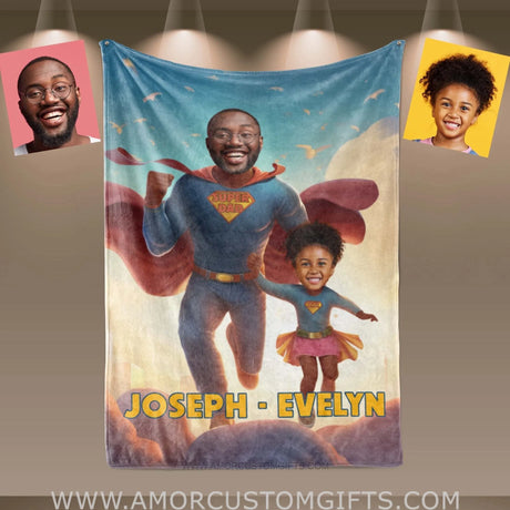 Blankets Personalized Father Day's Super Dad Super Daughter City Of Light Blanket | Custom Face & Name Father Daughter Blanket