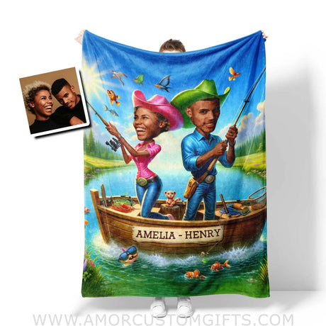 Blankets Personalized Fishing Couple Blanket | Custom Face & Name Couple Blanket