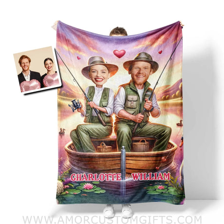 Blankets Personalized Fishing Couple Pink Sky Blanket | Custom Face & Name Couple Blanket