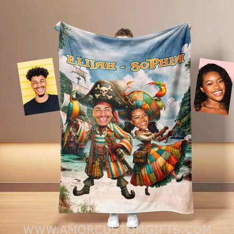 Blankets Personalized Funny Pirate Couple 4 Blanket | Custom Face & Name Couple Blanket