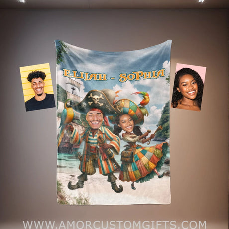 Blankets Personalized Funny Pirate Couple 4 Blanket | Custom Face & Name Couple Blanket